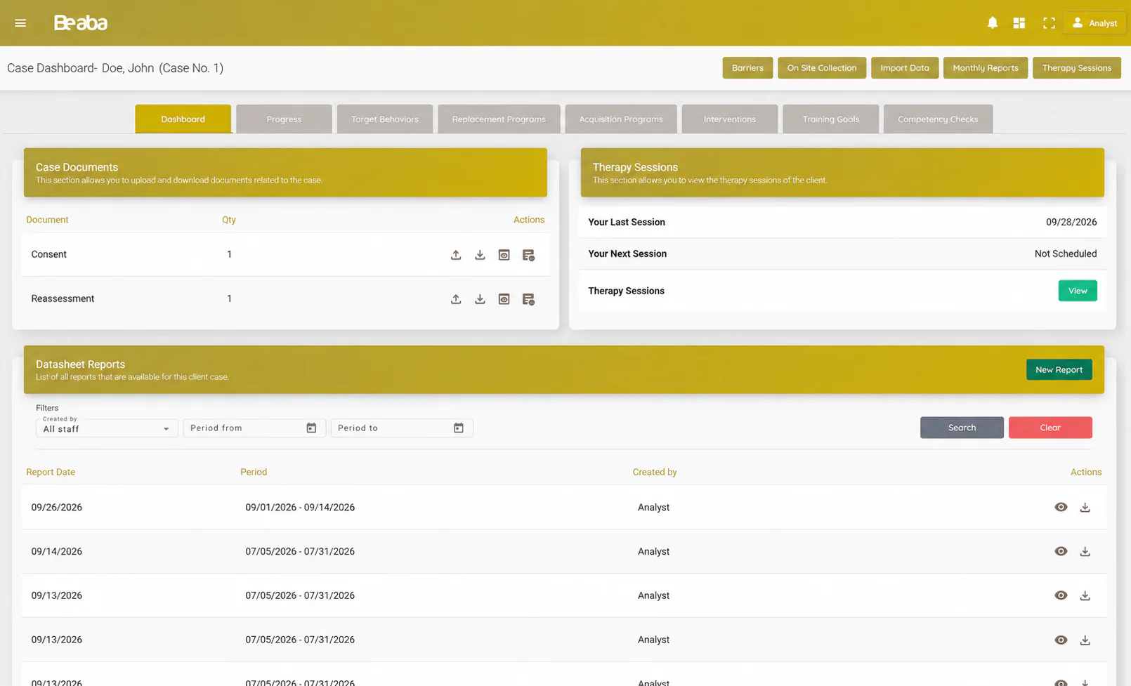 Case dashboard showing case documents, therapy session status, and datasheet reports.