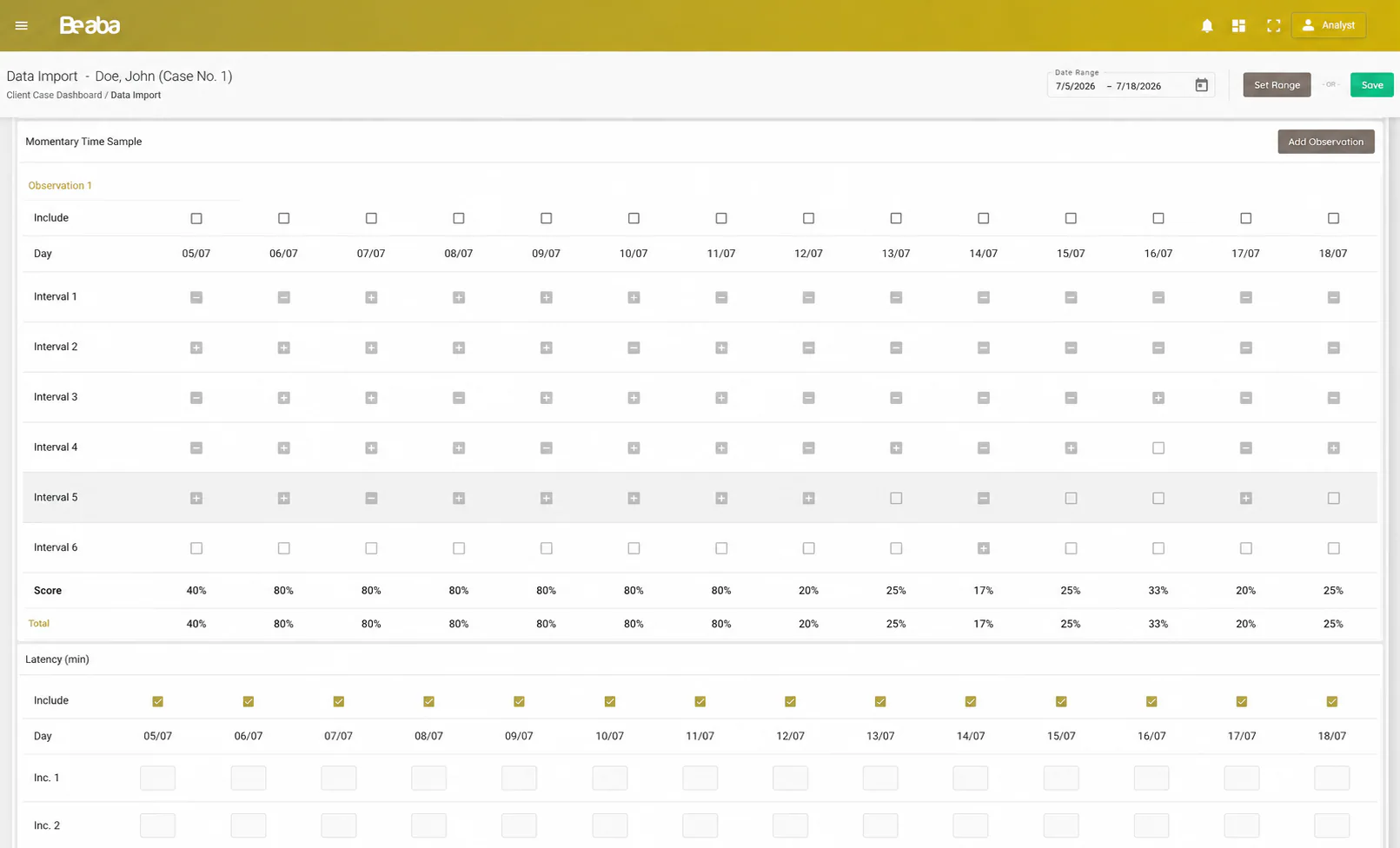 Daily data import screen showing an observation table and selected date range.