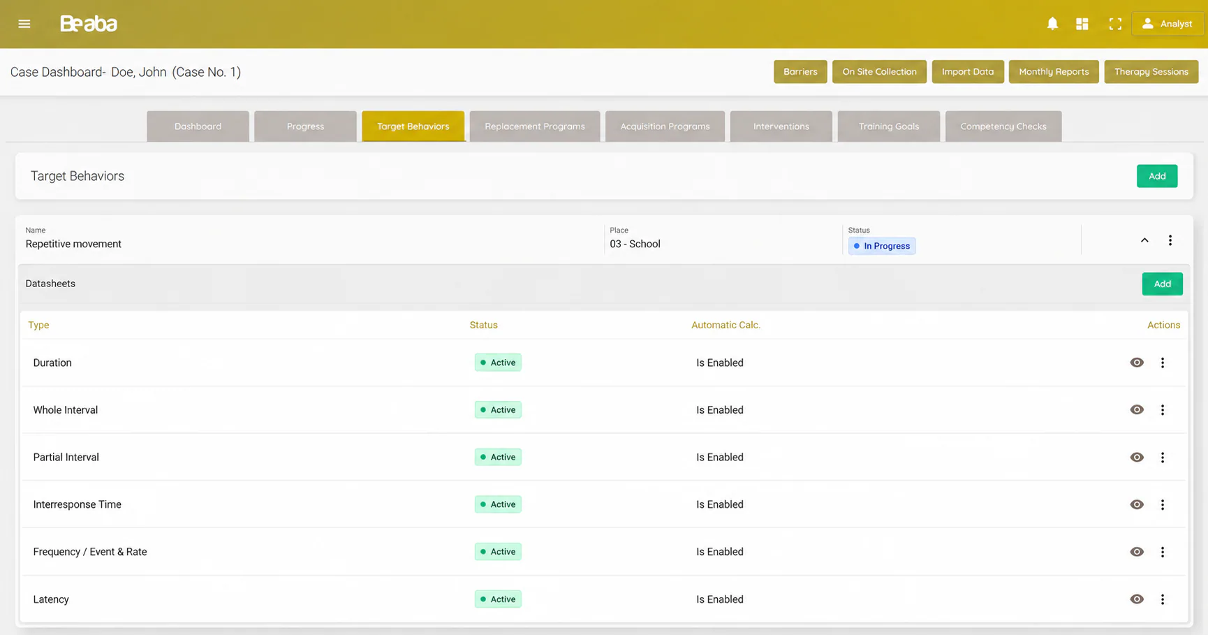 Target Behaviors view listing active datasheet types and automatic calculation settings.