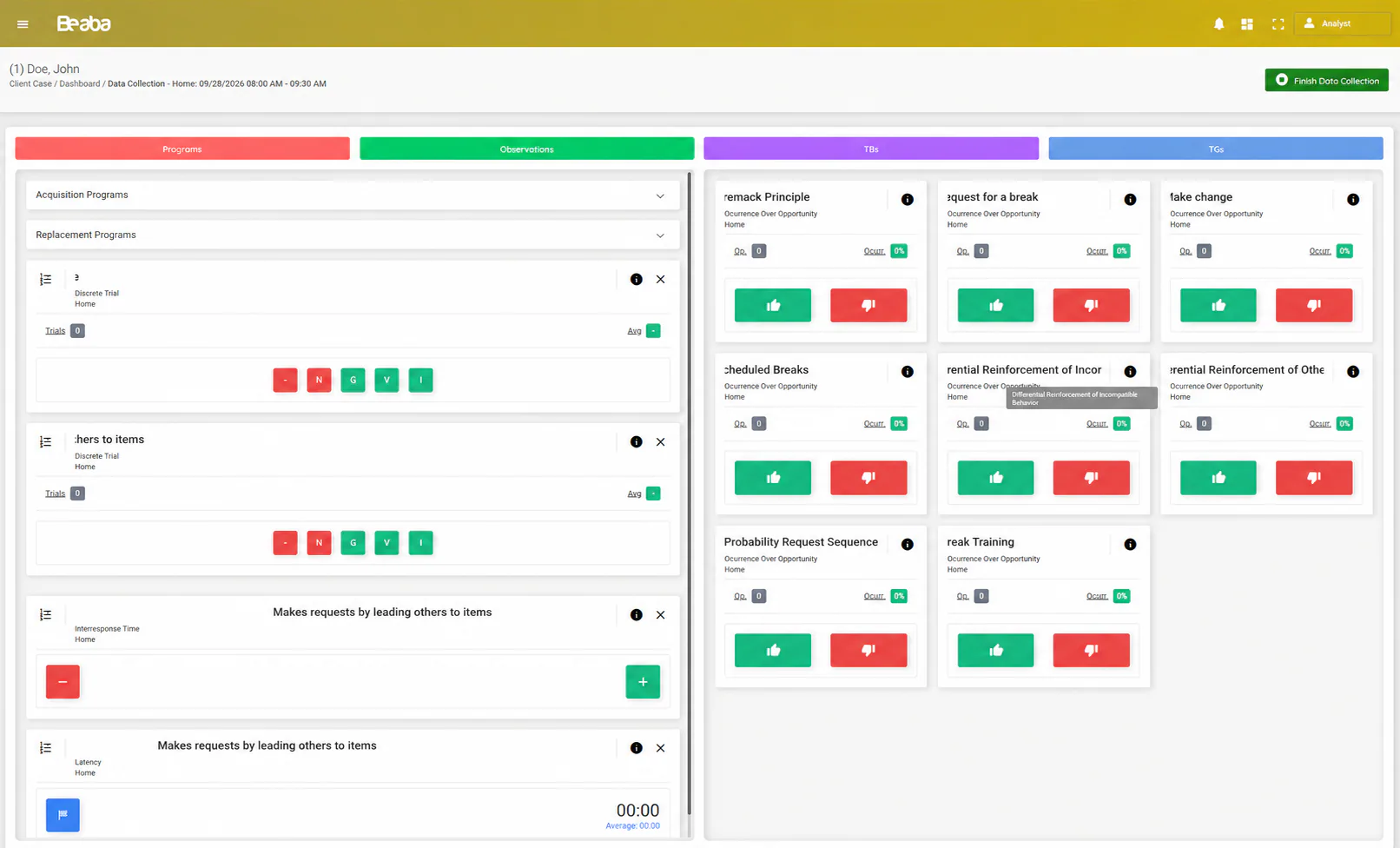 On-site collection workspace with programs, observations, target behaviors, and training goals.